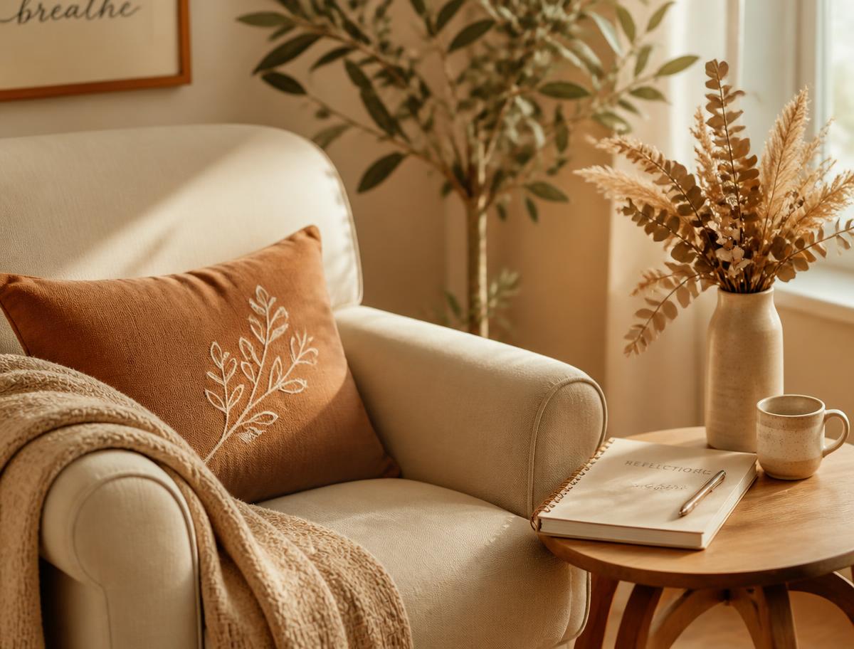 A warm, inviting therapy space with a comfortable chair and soft natural light